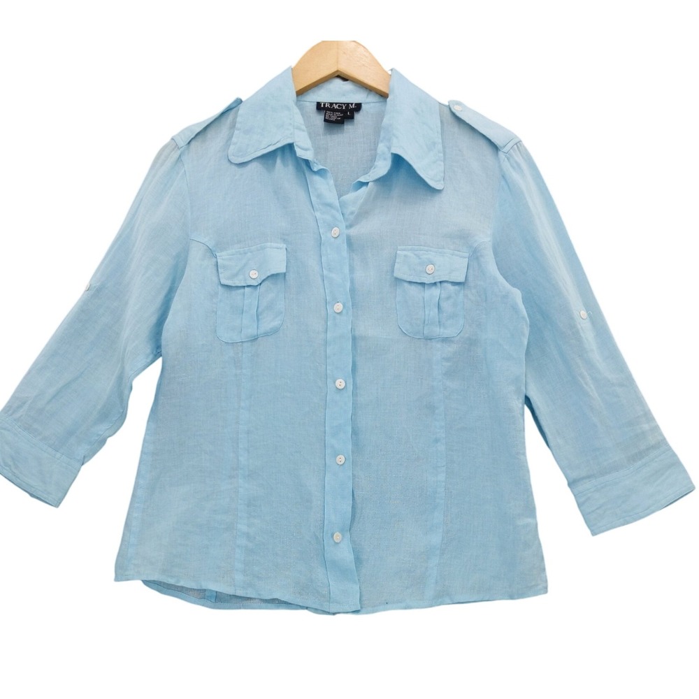 Tracy M. Linen Blend‎ Button Down Shirt Women's Size L 3/4 Sleeve Light Blue